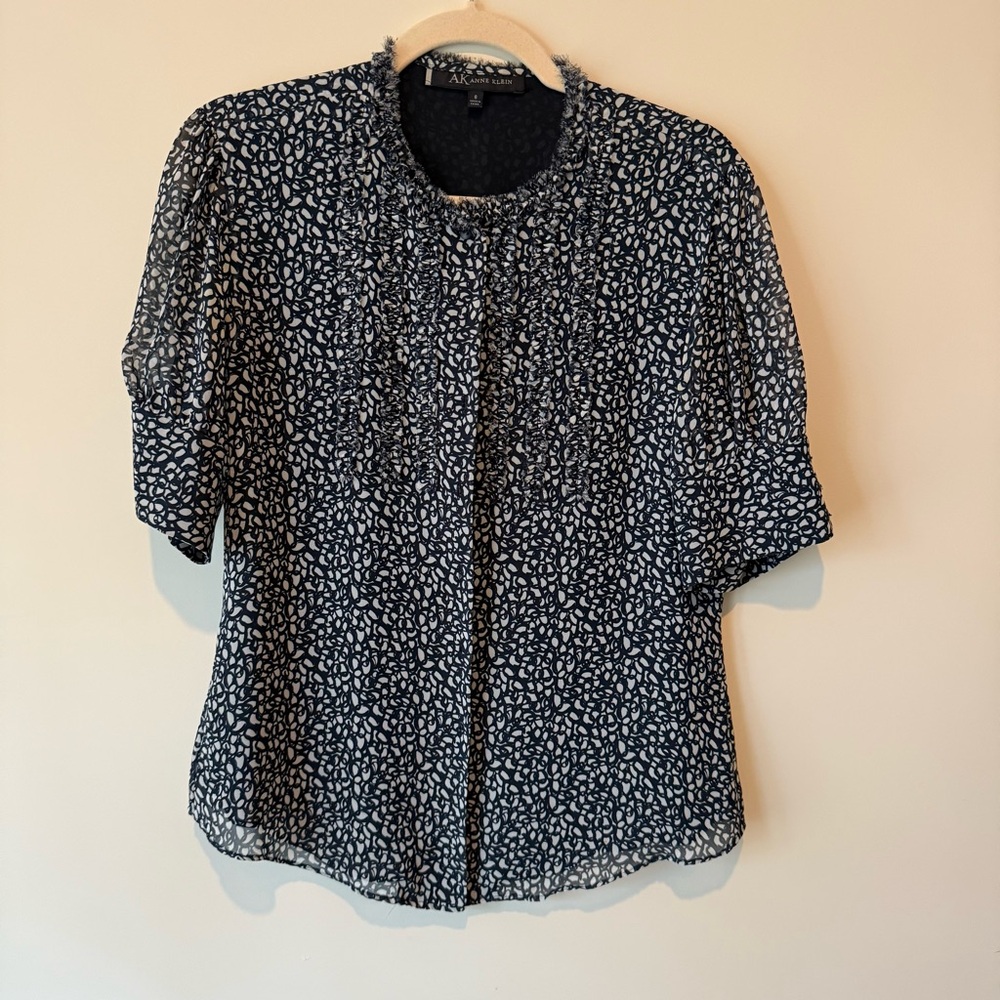 Anne Klein Navy and White Buttoned Blouse